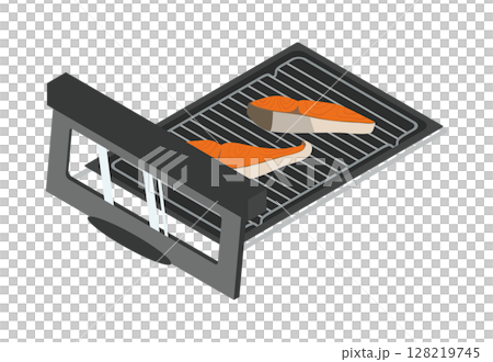 魚焼きグリルに鮭の切り身を乗せるイラスト 128219745