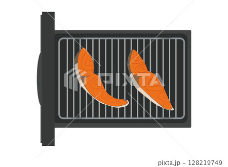 魚焼きグリルに鮭の切り身を乗せるイラスト 魚焼きグリルに鮭の切り身を乗せるイラスト 128219749