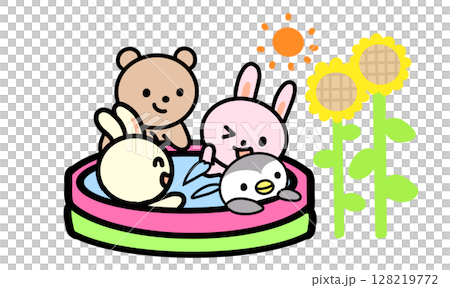 動物たちの夏のプール遊び 128219772