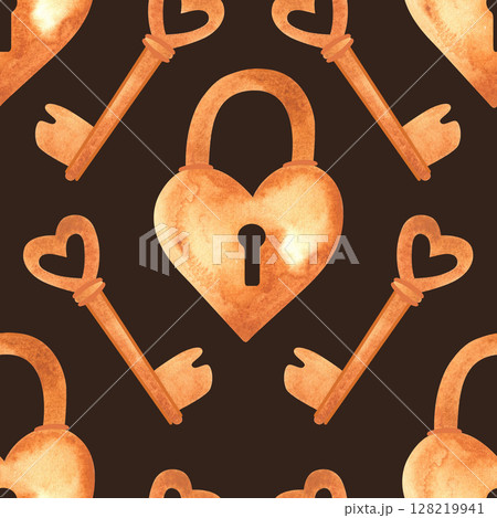Seamless pattern with golden heart-shaped locks and keys. Watercolor illustration for textiles and wedding wrapping paper 128219941