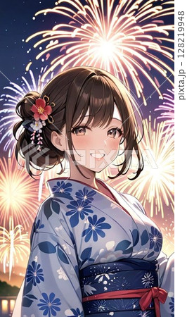 鮮やかな花火と浴衣姿の美しい女性 128219948