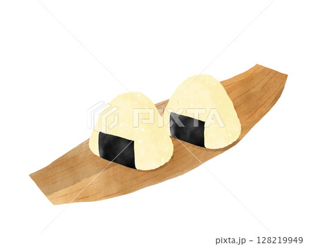 竹の皮にのったおにぎり2個　水彩 128219949