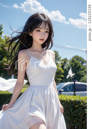 青空の下白いワンピースを着た清楚な美しい女性 128220156