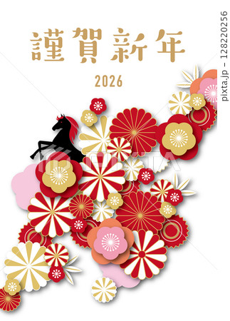2026年和柄の午年年賀状テンプレート 2026年和柄の午年年賀状テンプレート 128220256