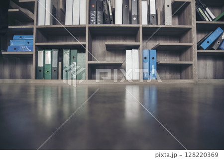Blurry Library background off white Backdrop bright softness bookshelf with copy space. Book case Blurred background bright library silver gray lighting. defocused store light bokeh in design 128220369