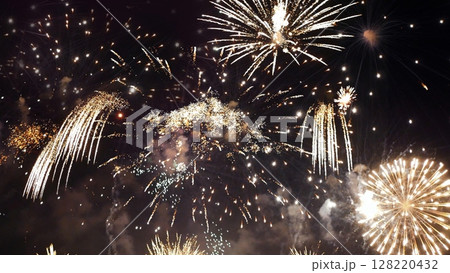 Golden Firework celebrate anniversary independence day night time celebrate national holiday. Countdown to new year 2024 party time event. Happy new year 2025, 4th of july holiday festival concept 128220432