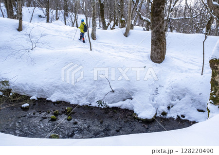 森の新雪をスノーシューで楽しむイメージ 大山木谷沢渓流 森の新雪をスノーシューで楽しむイメージ 大山木谷沢渓流 128220490