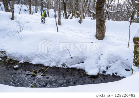森の新雪をスノーシューで楽しむイメージ 大山木谷沢渓流 森の新雪をスノーシューで楽しむイメージ 大山木谷沢渓流 128220492