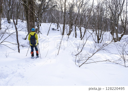 森の新雪をスノーシューで楽しむイメージ　大山木谷沢渓流 128220495