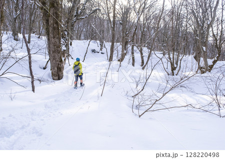 森の新雪をスノーシューで楽しむイメージ 大山木谷沢渓流 森の新雪をスノーシューで楽しむイメージ 大山木谷沢渓流 128220498