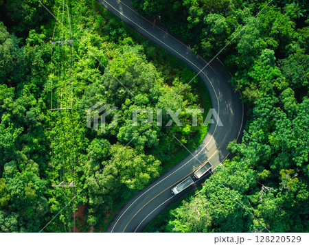 Aerial view of green forest road and transportation. Nature conservation, environment and transportation. 128220529