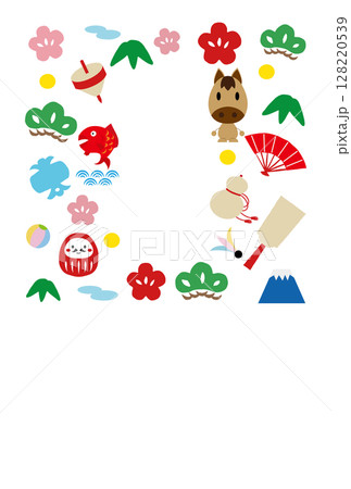 馬キャラクターと縁起物の年賀状イラスト 馬キャラクターと縁起物の年賀状イラスト 128220539