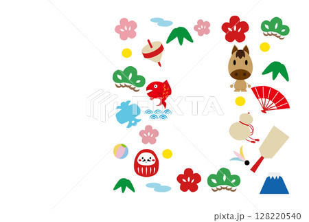 馬キャラクターと縁起物の年賀状イラスト 馬キャラクターと縁起物の年賀状イラスト 128220540