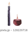Set Witch's magical red and violet wax candle flame isolated on white background. Watercolor hand drawn dark fantasy sketch illustration. Art design mystical halloween witch decoration greeting card 128220718