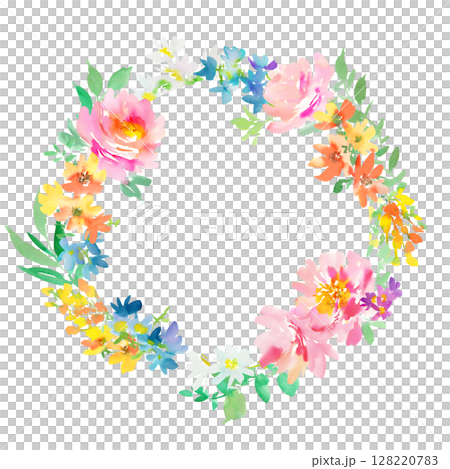 ピンクの芍薬の花と草花の水彩フレーム。手書きの草花の背景透過リースイラスト。 128220783
