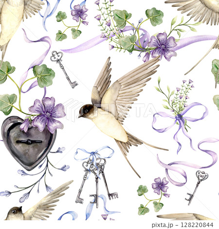 Watercolor Swallows Pattern with Ribbon and Keys 128220844
