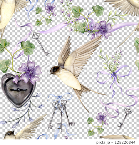 Watercolor Swallows Pattern with Ribbon and Keys 128220844