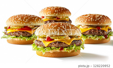 Perfect juicy cheeseburgers with all the fixings, including melted cheese, fresh lettuce, tomatoes, onions, and pickles on sesame seed buns. 128220952