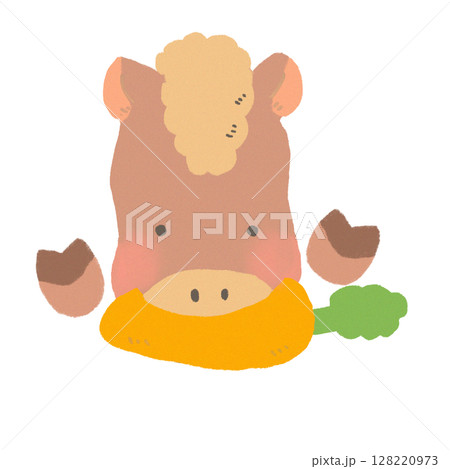 美味しそうににんじんを食べるかわいい馬のデフォルメイラスト 128220973