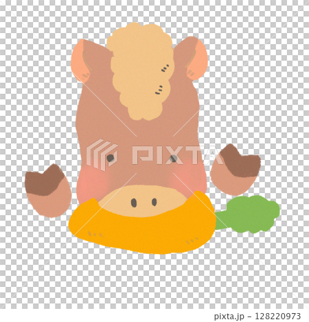 美味しそうににんじんを食べるかわいい馬のデフォルメイラスト 128220973