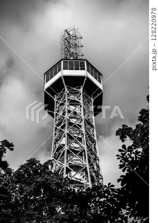 Petrin Lookout Tower rises prominently in Prague amidst a lush green setting. The structure's intricate design is highlighted against the cloudy backdrop, offering a glimpse of the city skyline. Petrin Lookout Tower rises prominently in Prague amidst a lush green setting. The structure's intricate design is highlighted against the cloudy backdrop, offering a glimpse of the city skyline. 128220978