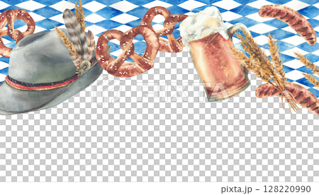 Oktoberfest frame. Pint of Beer with pretzel, sausage and spikes of malt. Germany traditional hat on blue rhombus Bavarian flags background. Watercolor painted Isolated clipart for card, banner, menu Oktoberfest frame. Pint of Beer with pretzel, sausage and spikes of malt. Germany traditional hat on blue rhombus Bavarian flags background. Watercolor painted Isolated clipart for card, banner, menu 128220990