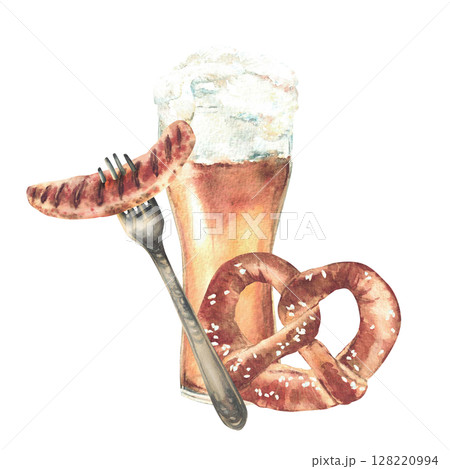Pint, glass of Beer with pretzel and sausage on fork. Drink and food at Bavarian festival. Watercolor hand drawn illustration. Germany realistic sketch for card, menu isolated from background clipart. 128220994