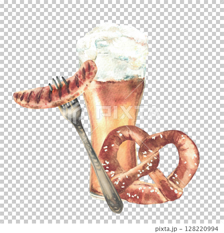 Pint, glass of Beer with pretzel and sausage on fork. Drink and food at Bavarian festival. Watercolor hand drawn illustration. Germany realistic sketch for card, menu isolated from background clipart. 128220994