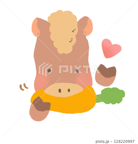 美味しそうににんじんを食べるかわいい馬のデフォルメイラスト 美味しそうににんじんを食べるかわいい馬のデフォルメイラスト 128220997