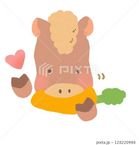 美味しそうににんじんを食べるかわいい馬のデフォルメイラスト 128220998