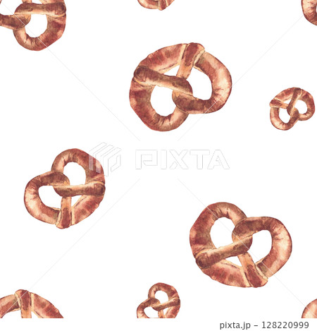 Watercolor Pretzel seamless pattern. German traditional bretzel ornament. Realistic hand drawn baking food. Bavaria Oktoberfest snack for packaging, label design. Isolated from background illustration 128220999
