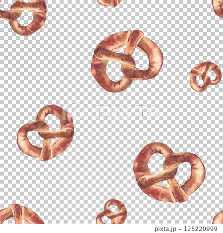 Watercolor Pretzel seamless pattern. German traditional bretzel ornament. Realistic hand drawn baking food. Bavaria Oktoberfest snack for packaging, label design. Isolated from background illustration 128220999