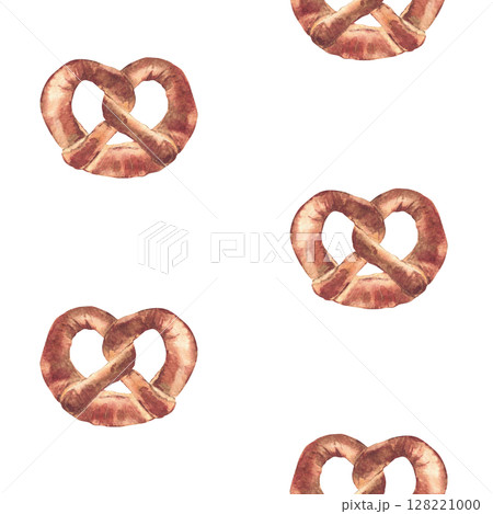 Pretzel seamless pattern. German bretzel ornament. Watercolor hand painted baked food without salt. Bavaria Oktoberfest traditional snack for fabric, tablecloth. Isolated from background illustration. 128221000