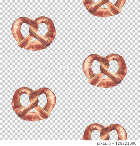 Pretzel seamless pattern. German bretzel ornament. Watercolor hand painted baked food without salt. Bavaria Oktoberfest traditional snack for fabric, tablecloth. Isolated from background illustration. 128221000