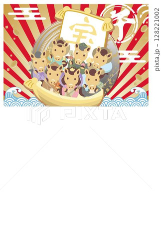 年賀状素材　年賀2026　干支　七福神　宝船　午年　午　馬　はがきテンプレート　デザイン　イラスト 128221002