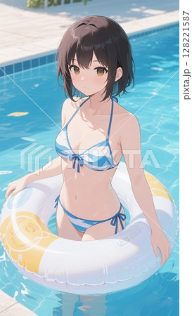 プールで浮き輪に乗って遊ぶ水着の少女 128221587