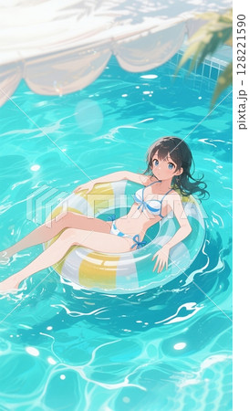 プールで浮き輪に乗って遊ぶ水着の少女 128221590