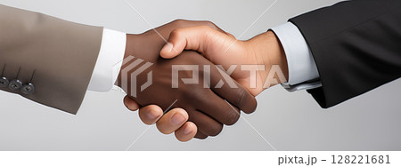 Handshake between african and a caucasian man over gray background. Black man and white man holding hands 128221681