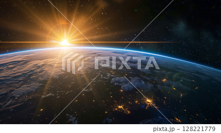 Planet Earth with detailed relief and atmosphere. Blue space background with earth and galaxy. 128221779