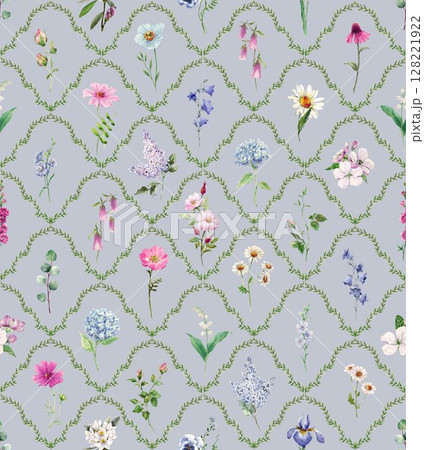 Watercolor floral lattice pattern with wildflowers seamless vintage style design with delicate flowers inside leafy diamond grid. Perfect for fabric, wallpaper, and botanical decor Watercolor floral lattice pattern with wildflowers seamless vintage style design with delicate flowers inside leafy diamond grid. Perfect for fabric, wallpaper, and botanical decor 128221922