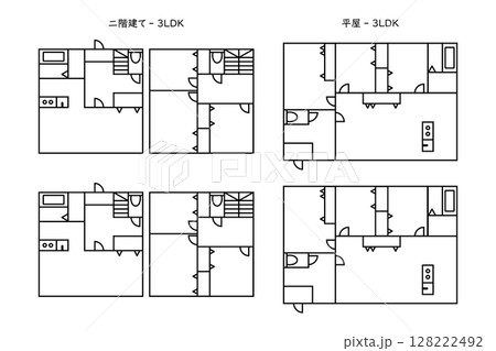 二階建て住宅と平屋の3LDKの間取りをイメージしたアイコンセット 128222492