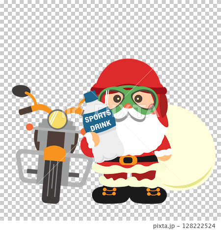 Illustration of Santa holding a bike and a sports drink 128222524