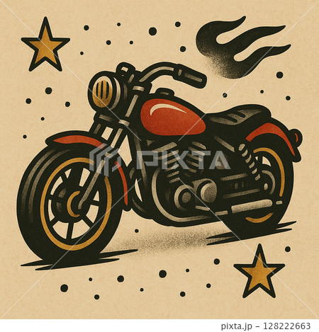 アメリカントラッド風バイクのタトゥーフラッシュイラスト 128222663