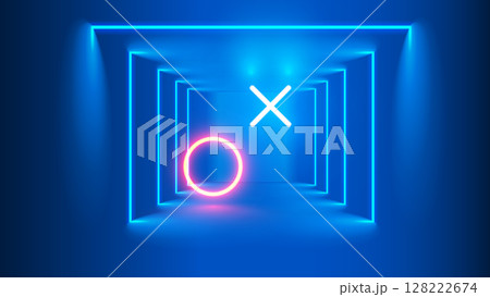 Neon shapes circle and cross with bright shine on blue background. retro video gaming and cyberpunk futurism background. Hitech concept innovation technology background. Design vector Neon shapes circle and cross with bright shine on blue background. retro video gaming and cyberpunk futurism background. Hitech concept innovation technology background. Design vector 128222674