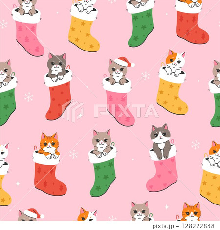 Seamless pattern with cute cats sitting in Christmas socks. Vector graphics. 128222838