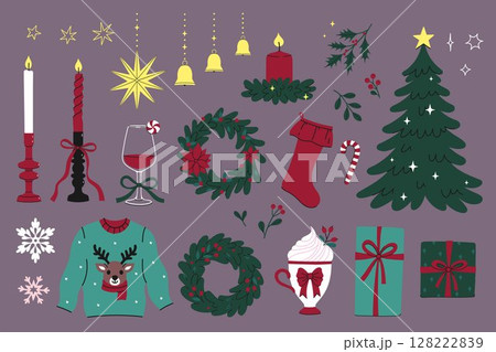Set of graphic elements of Christmas celebration. Vector graphics. Set of graphic elements of Christmas celebration. Vector graphics. 128222839