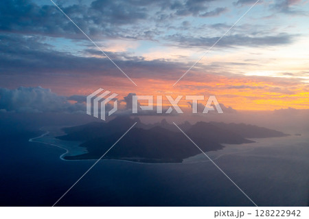 Aerial view of Moorea island at sunset, French Polynesia 128222942