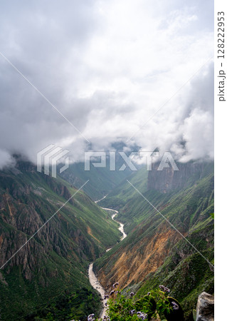 Colca Canyon and river in the mist and clouds, Peru 128222953