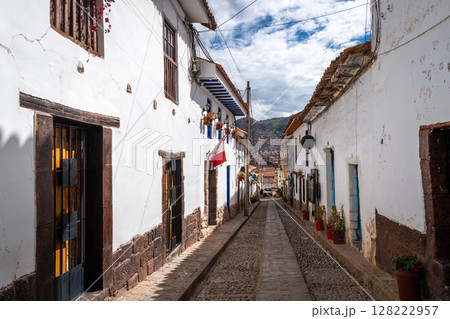 Charming Street in San Blas Neighborhood, Cusco, with Whitewashed Walls Charming Street in San Blas Neighborhood, Cusco, with Whitewashed Walls 128222957