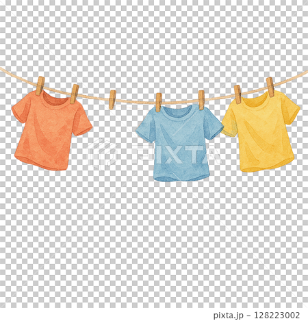 物干しに吊るされたカラフルなTシャツ 物干しに吊るされたカラフルなTシャツ 128223002